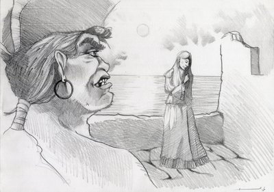 Pirata (corsario) del Caribe amenazando a una dama en una fortaleza. Dibujo de Alessandro Lonati. de Alessandro Lonati