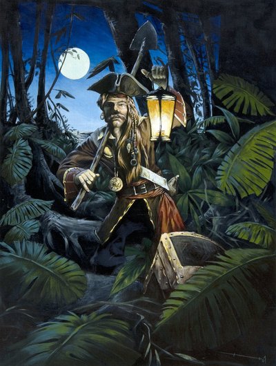 Pirata del Caribe con linterna, en la noche, escondiendo su tesoro en el bosque de una isla. Dibujo en color de Alessandro Lonati. de Alessandro Lonati