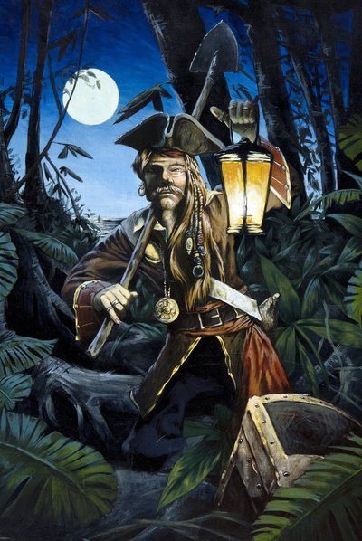 Pirata del Caribe con linterna, en la noche, escondiendo su tesoro en el bosque de una isla. Dibujo en color de Alessandro Lonati. de Alessandro Lonati