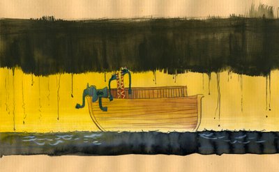 Contaminación y medio ambiente: El Arca de Noe en un mar oscuro y contaminado transportando dos parejas de animales equipados con máscaras de oxígeno debido a la contaminación atmosférica (Contaminación y de Alessandro Lonati