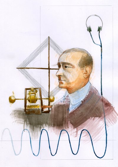 Retrato de Guglielmo Marconi (1874-1937), físico italiano, inventor del telégrafo" (Retrato de Guglielmo Marconi, inventor e ingeniero eléctrico italiano, conocido por sus trabajos pioneros en la transmisión por radio a larga distancia y por su desarrollo  de Alessandro Lonati