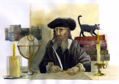 Retrato de Michel de Notre Dame (Nostradamus) astrólogo inglés - Retrato de Nostradamus, Michel de Notre Dame (1503-1566) astrólogo y médico francés Ilustración de Alessandro Lonati de Alessandro Lonati