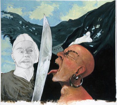 Retrato de un pirata (corsario) que desafía la espada de su adversario tocándole con la lengua. En la parte inferior del jolly roger (calavera). Dibujo en color de Alessandro Lonati. de Alessandro Lonati