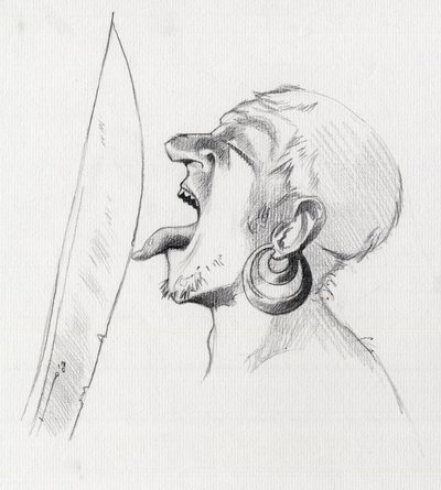 Retrato de un pirata (corsario) que desafía a la espada tocándola con la lengua. Dibujo de Alessandro Lonati. de Alessandro Lonati