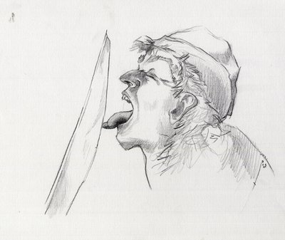 Retrato de un pirata (corsario) que desafía a la espada tocándola con la lengua. Dibujo de Alessandro Lonati. de Alessandro Lonati