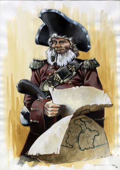 Retrato de un pirata (corsario) o marinero con tricornio y un mapa del tesoro en las manos. Dibujo en color de Alessandro Lonati. de Alessandro Lonati