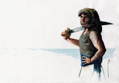 Retrato de pirata (corsario) o marinero con espada mirando al mar. Dibujo en color de Alessandro Lonati. de Alessandro Lonati