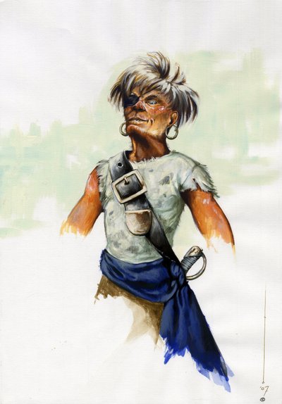 Retrato de pirata (corsario) o marinero con los ojos vendados (tuerto). Dibujo en color de Alessandro Lonati. de Alessandro Lonati