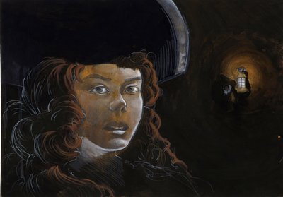 Retrato de una mujer pirata (corsaria) o marinero en la noche, iluminada por el farol de otro pirata. Dibujo en color de Alessandro Lonati. de Alessandro Lonati