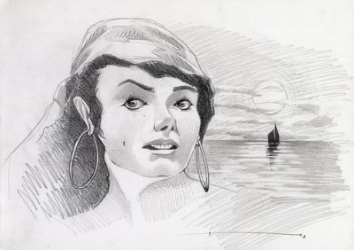 Retrato de una mujer pirata del Caribe (o corsaria), con la puesta de sol en el horizonte. Dibujo de Alessandro Lonati. de Alessandro Lonati