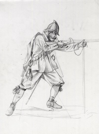 Retrato de un soldado navío del siglo XVII poniéndose en posición de tiro. Dibujo de Alessandro Lonati. de Alessandro Lonati