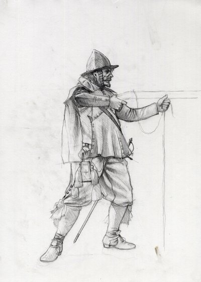 Retrato de un soldado navío del siglo XVII poniéndose en posición de tiro. Dibujo de Alessandro Lonati. de Alessandro Lonati