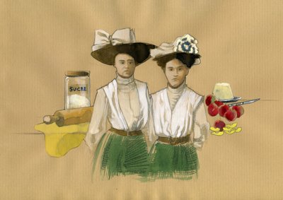 Retrato de las hermanas Stephanie (1838-1917) y Caroline Tatin (1847-1911) que inventan el postre francais tatin a de Lamotte-Beuvron en Sologne (Retrato de las hermanas Stephanie y Caroline Tatin que inventan el pastel invertido en el que la fruta (usu de Alessandro Lonati