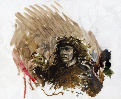 Prehistoria: representación de un hombre de Neandertal o Neandertal en el Paleolítico Medio. Dibujo de Alessandro Lonati de Alessandro Lonati