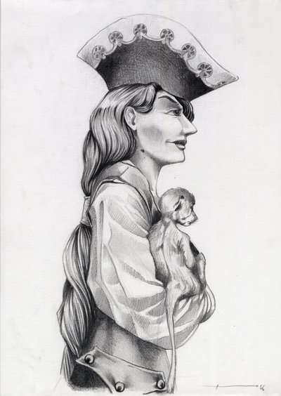 Retrato de perfil de una mujer pirata del Caribe (corsaria), con monito en brazos. Dibujo de Alessandro Lonati. de Alessandro Lonati