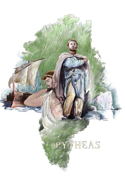 Representación de Piteas explorador griego de Massalia, siglo IV a.C. (Retrato de Piteas de Massalia geógrafo y explorador griego, siglo IV a.C.) Ilustración de Alessandro Lonati de Alessandro Lonati