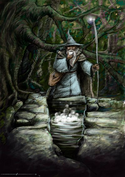 Representación de un druida bebiendo en la maravillosa fuente de Barenton, en el bosque de Broceliande - Ilustración de Alessandro Lonati - 2012 - de Alessandro Lonati
