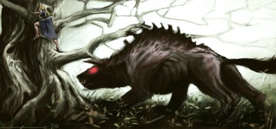 Representación de la legendaria bete de Gévaudan atacando a una niña encaramada a un árbol. Ilustración de Alessandro Lonati, 2010. de Alessandro Lonati