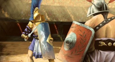 Arte romano: duelo de gladiadores entre un gladiador mirmillo (izquierda) y un tracio en un anfiteatro. Dibujo de Alessandro Lonati de Alessandro Lonati