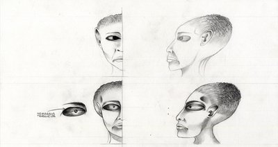Ilustración de ciencia ficción (ciencia ficción): estudio del rostro de un extraterrestre o alienígena (alienígena o alien) del planeta Marte a la conquista del espacio o universo. Dibujo de Alessandro Lonati de Alessandro Lonati