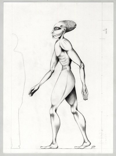 Ilustración de ciencia ficción: un extraterrestre o alienígena del planeta Marte a la conquista del espacio o universo. Dibujo de Alessandro Lonati de Alessandro Lonati