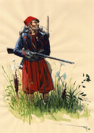 Segundo Imperio (1852-1870): Soldado zuavo del ejército francés de Napoleón III durante la campaña italiana de 1859 (batalla de Solferino el 24 de junio de 1859 o batalla de Magenta el 4 de junio de 1859). Dibujo de Alessandro Lonati de Alessandro Lonati
