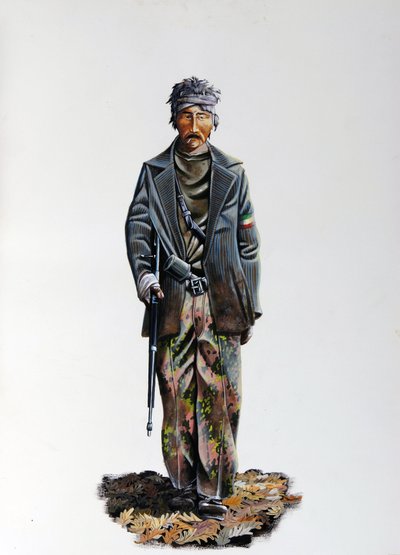 Segunda Guerra Mundial: un miembro de la Resistencia Italiana (maquis o guerrilleros, partisanos) (Resistenza Italiana), con traje de camuflaje y arma con ametralladora. 1943-1945. Ilustración de Alessandro Lonati de Alessandro Lonati