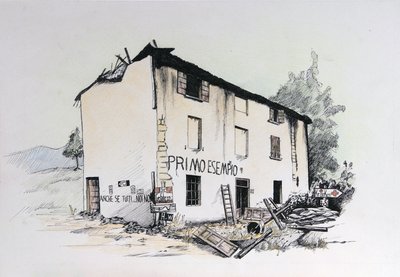 Segunda Guerra Mundial: vista de una casa en ruinas en la Italia ocupada. Dibujo de Alessandro Lonati de Alessandro Lonati