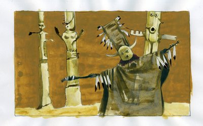 Chamanismo: ceremonia espiritual centrada en la mediación entre el ser humano y los espíritus de la naturaleza - el chamán y sus tótems Ilustración de Alessandro Lonati de Alessandro Lonati