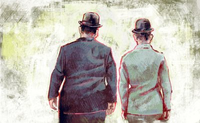 Stan Laurel y Oliver Hardy marchando hacia el horizonte (ilustración) de Alessandro Lonati