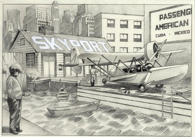 EE UU, Nueva York: vista del aeropuerto marítimo con un hidroavión esperando la decolación en los años 50. Dibujo de Alessandro Lonati de Alessandro Lonati