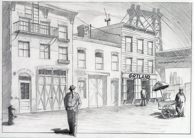 Estados Unidos, Nueva York: vista de una calle de un barrio de la ciudad en la década de 1950. Dibujo de Alessandro Lonati de Alessandro Lonati