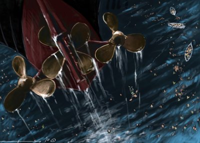 Vista de las hélices del transatlántico Titanic en el momento del hundimiento, los días 14 y 15 de abril de 1912. Ilustración de Alesandro Lonati. 2010 de Alessandro Lonati