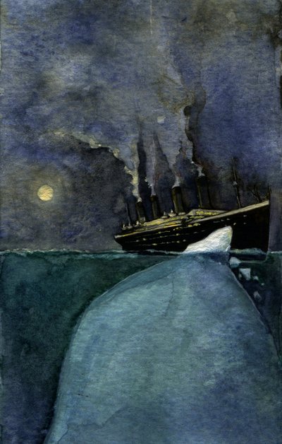 Vista del transatlántico Titanic en el momento del hundimiento los días 14 y 15 de abril de 1912, causado por la colisión con un iceberg. Ilustración de Alessandro Lonati. 2011 de Alessandro Lonati