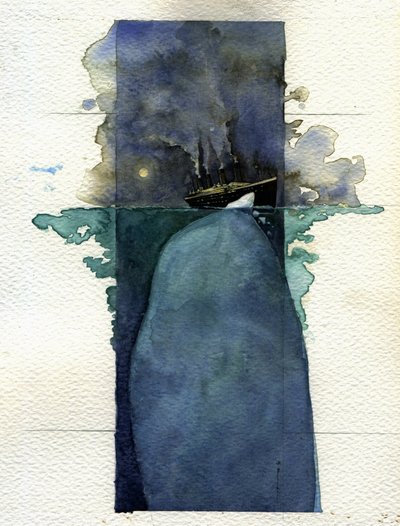 Vista del transatlántico Titanic en el momento del hundimiento los días 14 y 15 de abril de 1912, causado por la colisión con un iceberg. Ilustración de Alessandro Lonati. 2011 de Alessandro Lonati
