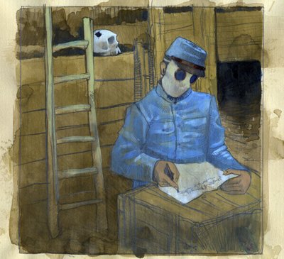 Primera Guerra Mundial: un soldado francés escribe una carta en una trinchera, con una máscara antigás. de Alessandro Lonati