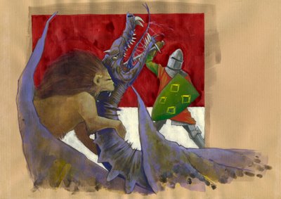 Yvain, el Caballero del León luchando contra el dragón Ilustración de Alessandro Lonati de Alessandro Lonati