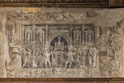 Producciones teatrales comisariadas por la academia, Sala del vestíbulo (fresco monocromo) de Alessandro Maganza