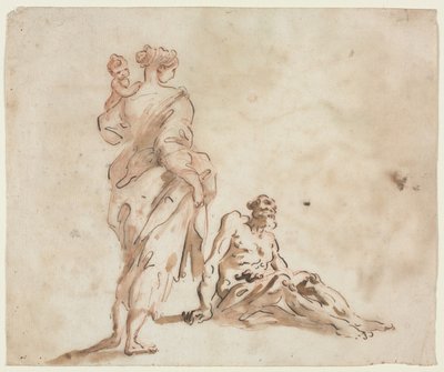 Mujer de pie sosteniendo a un niño, un hombre sentado a sus pies, primera mitad del siglo XVIII de Alessandro Magnasco