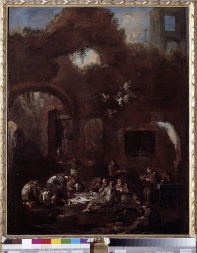 Frailes capuchinos en la mesa entre las ruinas de Alessandro Magnasco