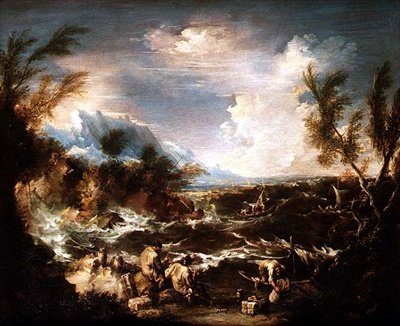 Costa rocosa en una tormenta con monjes ermitaños recibiendo provisiones de Alessandro Magnasco