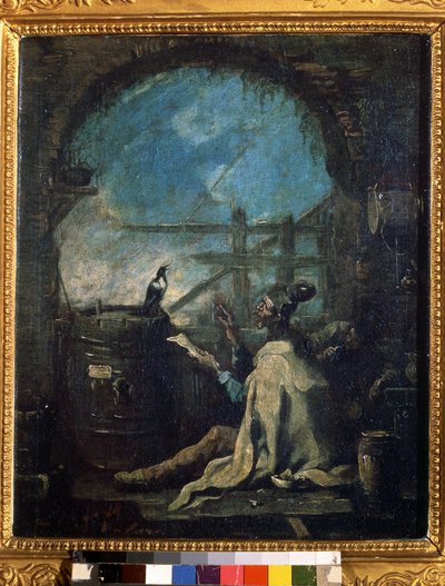 ""Un payaso enseñando a una urraca"" (Un payaso entrenando a una urraca) Un hombre de circo enseñando números a una urraca. Pintura de Alessandro Magnasco (1667-1749) Museo Pushkin del siglo XVIII, Moscú de Alessandro Magnasco