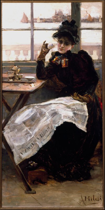 Una mujer de negro, leyendo el periódico, tomando una taza de café en un bistró de Alessandro Milesi