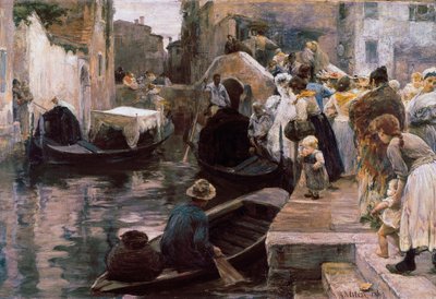 ""Boda en Venecia"" Los recién casados ​​viajan en góndola. Pintura de Alessandro Milesi (1856-1945) 1897 Roma. Galería Nazionale d