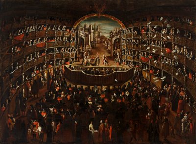 El teatro, con una escena de la ópera "Bernice Vendicativa" en el escenario de Alessandro Piazza