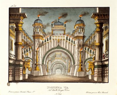 Un templo en la época de Genghis Khan Escenografía para el ballet “Genis-Kan” del coreógrafo italiano Giovanni Galzerani (1828) de Alessandro Sanquirico