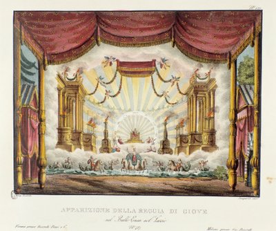 Aparición del reino de Júpiter. Escenografía para la representación del drama operístico “Enea nel Lazio” (1799) de Giuseppe Sarti. Litografía en “Raccolta di invenzioni sceniche del 1830 de Alessandro Sanquirico (1777-1849)”. Colección privada milanesa de Alessandro Sanquirico