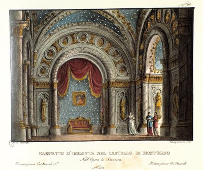 El gabinete de Isoletta en el castillo de Montolino en Bretaña. Escenografía para la representación en el Teatro alla Scala en 1829 de la ópera "La straniera" (1828) de Vincenzo Bellini. Litografía en "Raccolta di invenzioni sceniche del 1830" de Alessandr de Alessandro Sanquirico
