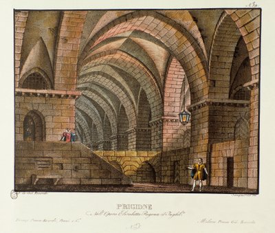 Norfolk visita al prisionero Leicester en la prisión de escenografía para la representación de 1828 de la ópera “Elisabetta, Regina d