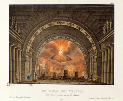 La erupción del Vesubio. Escenografía para la representación de la ópera “El Último Día de Pompeya” de Giovanni Pacini. Litografía en “Raccolta di invenzioni sceniche del 1830 di Alessandro Sanquirico (1777-1849)”. Milán de Alessandro Sanquirico